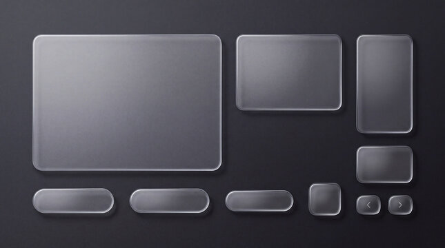 Glassmorphism UI elements set with frosted glass buttons, transparent screens, presentation template plates and web dashboard interface badges isolated on dark background