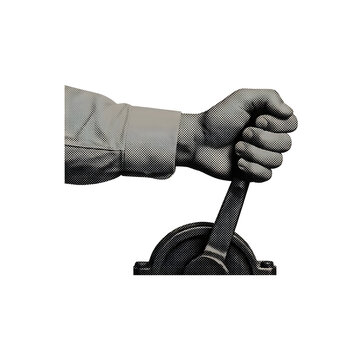 Hand pulling industrial lever representing control and operation in a vintage comic book halftone style illustration design element isolated on white for easy on transparent background.
