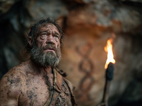Primitive man with a torch looking up in a cave