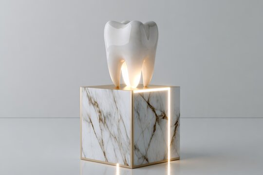 Healthy glowing tooth on marble pedestal representing dental care