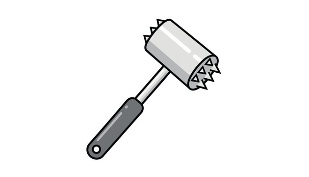 Metal meat tenderizer mallet tool with spikes on the head and a black handle shown from an isometric perspective.