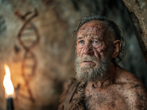 Primitive elder by fire contemplating human origins
