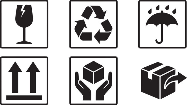 Fragile handling and shipping cargo symbols set, packaging, transportation and delivery instruction icons vector illustration