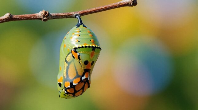 Green chrysalis with orange and black markings hangs from a twig. A butterfly pupa develops in nature on a branch with a soft colorful background. Metamorphosis is occurring.