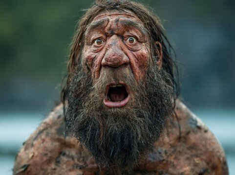Surprised primitive man portrait with wild hair and beard