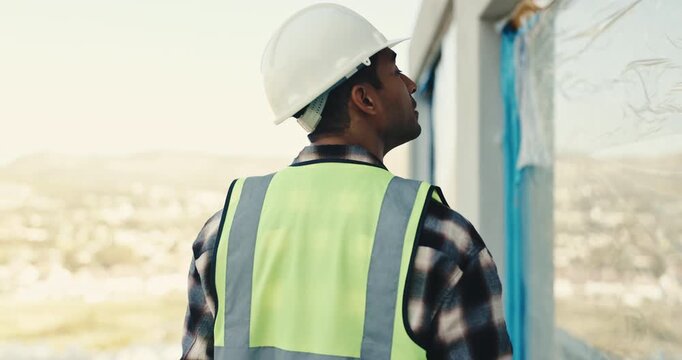 Construction, tablet or supervisor outdoor with inspection, progress track or review on renovation. Evaluation, space or man with tech, quality control or building assessment in remodeling project.