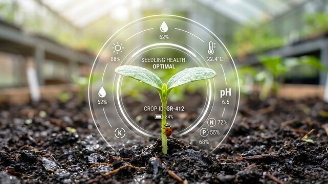 Seedling sprout growing in soil with digital holographic data overlay showing biological environmental analytics for modern precision smart agriculture farming