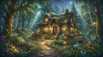 Fototapeta premium A magical glowing cottage nestled deep within an enchanted forest with ethereal light and mystical atmosphere
