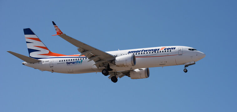 Tenerife, Spain September 6st, 2026. Boeing 737 MAX 8 Smartwings (Tenerife Awakens Emotions Stickers) Airlines flies in the blue sky. Landing at Tenerife Airport