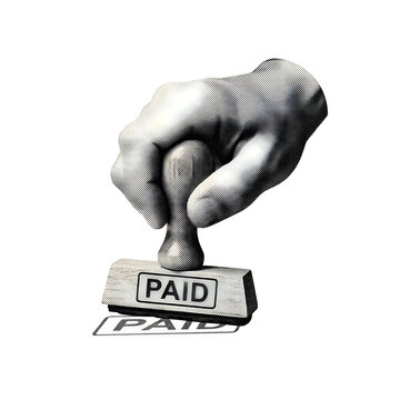 Rubber stamp marking paid sign with human hand pressing down firmly on a document in a vintage engraved halftone illustration style on transparent background