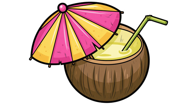 Refreshing tropical coconut cocktail drink featuring vibrant yellow and pink paper umbrella with green straw isolated on transparent background