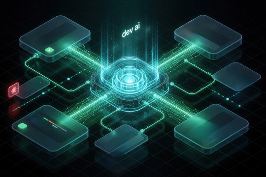 3D render of AI orchestrator dashboard. Neon interface connects code input testing and automated workflows. Digital system management with glowing circuit lines.