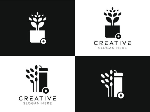 Set of tree trash can logo design templates. Isolated modern trash can with tree abstract elements designs in black and white.