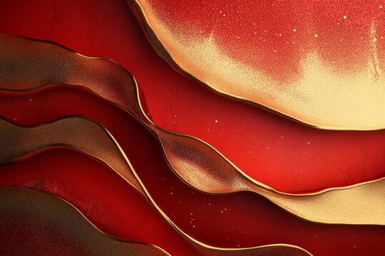 Abstract flowing gold waves on red background