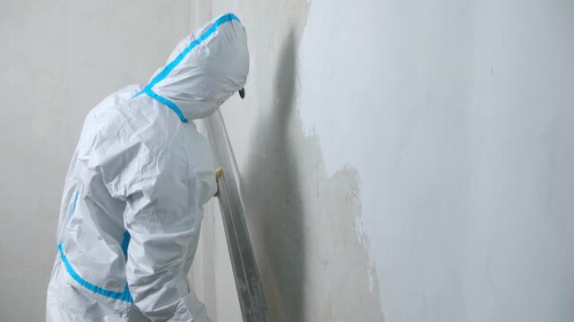 Builder in protective suit inspecting wall straightness long metal leveling rule, evaluating surface evenness before finishing. Renovation work. Builder checking wall straightness long leveling rule