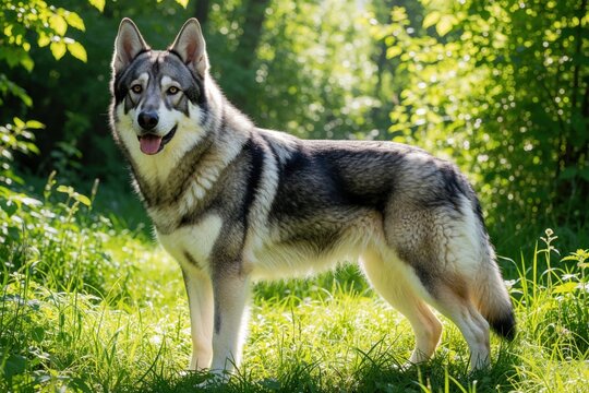 Czechoslovakian Wolfdog stands alert in sunny green forest. This beautiful purebred canine has grey and white fur. Dog looks attentive, ready for action in nature setting.