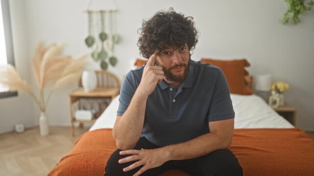 Man, young hispanic with beard and curly hair, seated on bed pointing finger to temple amid nightstand and pampas in studio; thoughtful.