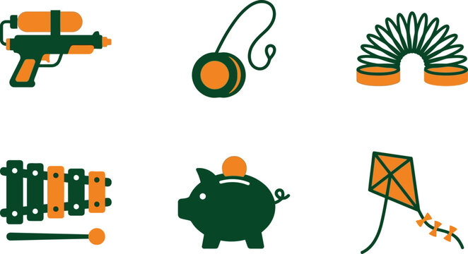 Retro toy icon set, vintage flat vector play objects, orange and green childhood symbols, 6 classic nursery elements
