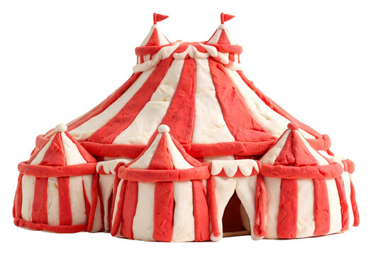 Handmade clay circus tent with red and white stripes on a white background