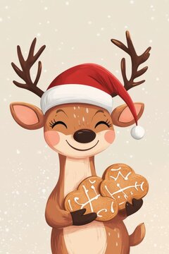 Cute reindeer wearing santa hat holding gingerbread cookies, vertical