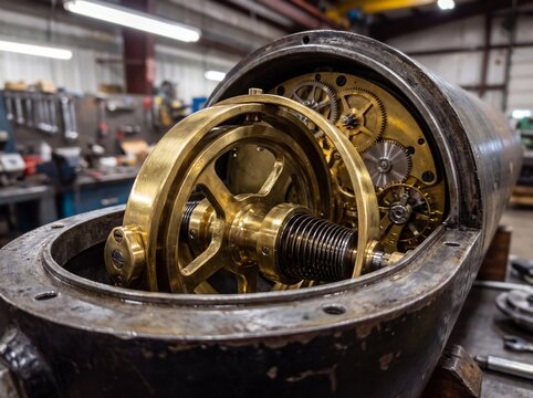 Intricate Brass Gyroscope Mechanism with Gears Inside a Torpedo Casing