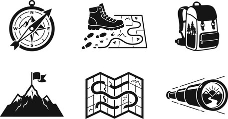 Fototapeta premium Set of hiking and camping adventure icons with compass, map, backpack, and mountain peak