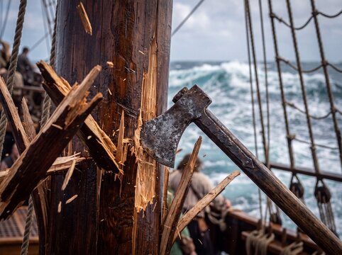 Medieval Viking Sailor Using Axe to Chop Wooden Mast on Rough Sea Sailing Ship