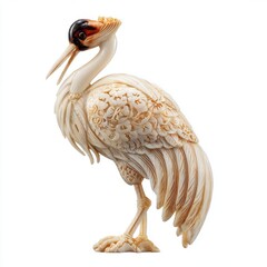 Fototapeta premium Intricate Carved Crane Sculpture Isolated On White Background With Cream And Red Details