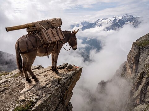Mule Carrying Artillery Cannon on High Mountain Ledge with Clouds and Snow-Capped Peaks