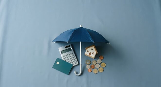 Financial protection concept showing an umbrella covering house, money, calculator and credit card