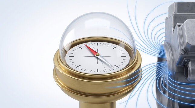 Compass needle with magnetic deviation next to industrial equipment  