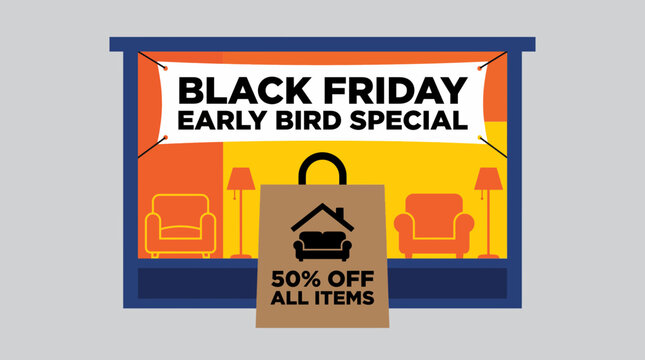 Black friday furniture shop early bird special offer with paper bag design