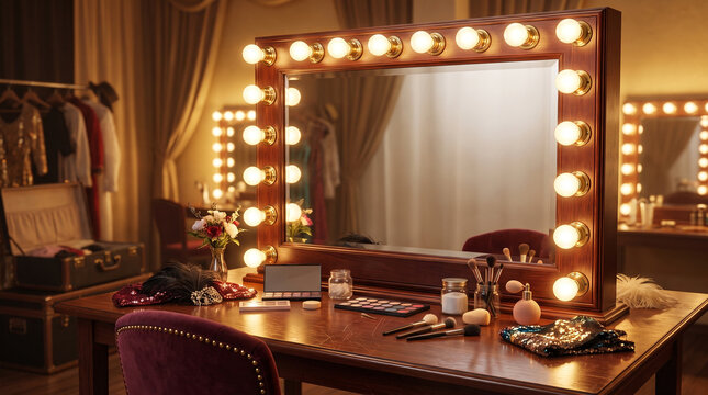 Dressing table with bright mirror lights and makeup essentials displayed  