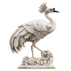 Fototapeta premium Intricate Carved White Crane Statue With Detailed Feathers Standing On Ornate Decorative Base