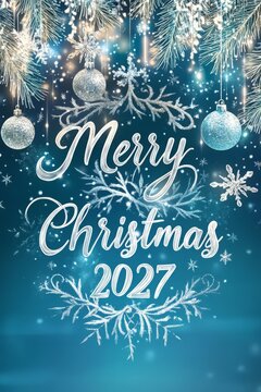 Merry christmas 2027 greeting card with ornaments, vertical