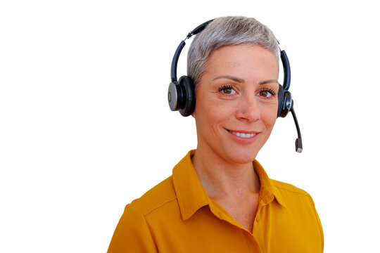 Smiling woman wearing headset, providing customer service and support, looking at camera on transparent background