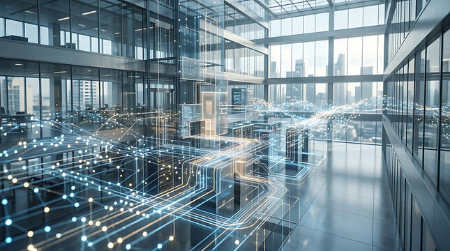 Modern corporate office interior with digital data network overlay and glowing connection lines.
