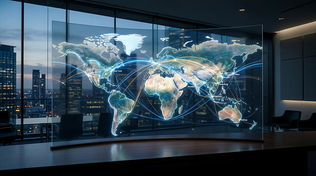 Futuristic digital world map hologram glowing on a transparent screen in a modern office boardroom.
