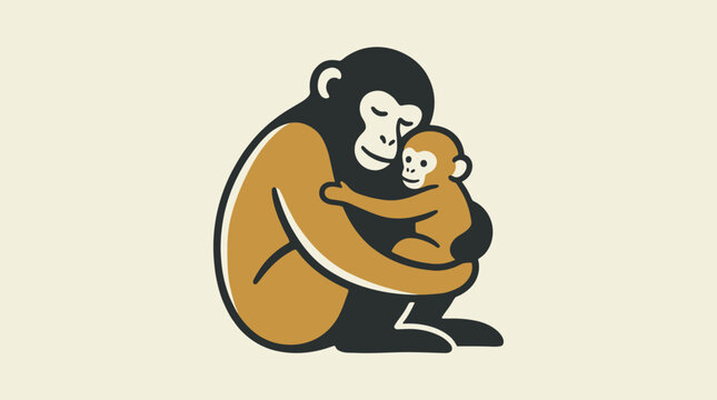 A loving illustration of a mother monkey embracing her baby with gentle affection and warmth
