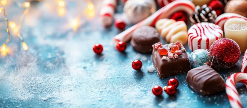 Christmas holiday candies and chocolate treats on snow, banner, copy space
