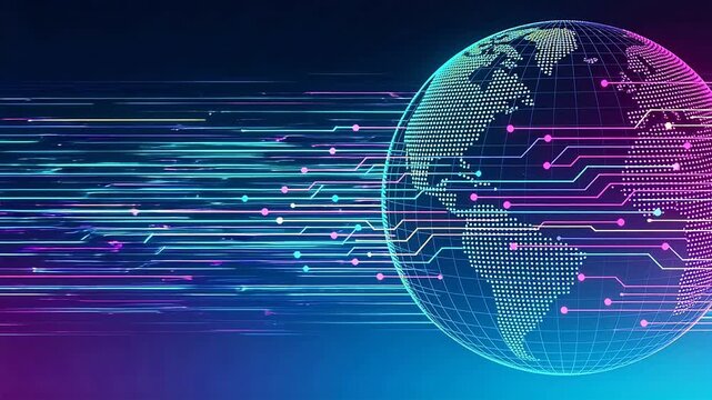 Digital earth globe with colorful network nodes and glowing lines