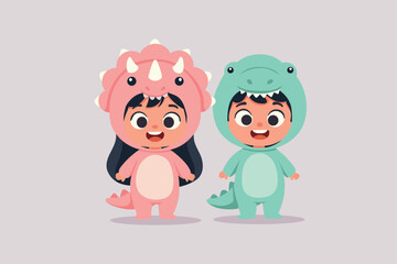 Happy Kids Dinosaur Costume Flat Illustration © partikusi