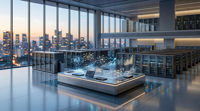 Modern server room with holographic data visualization and cityscape view at sunset.