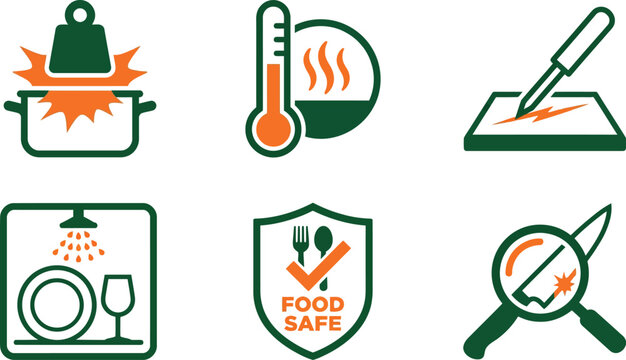 Kitchenware product quality icons, 6 food safe and durability vector symbols, cookware testing and safety labels for packaging