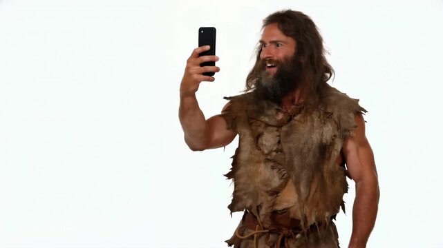 Male caveman filming selfie medium shot with relaxed smile on plain studio background, built for personal branding, influencer habit, mobile confidence, audience engagement, digital identity satire
