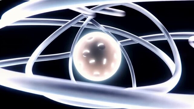 Abstract representation of atomic structure with blue and white orbits surrounding a central nucleus, illustrating the concept of atomic physics in a dark background setting