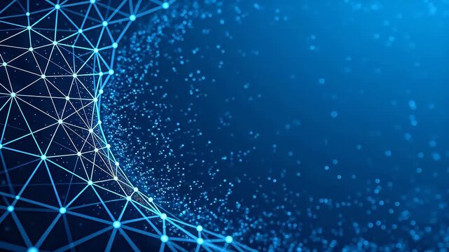 Blue glowing geometric network structure with polygons on dark blue gradient background