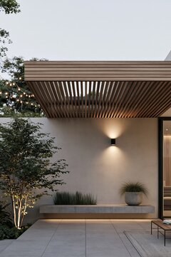 Modern terrace corner of a family home featuring warm grey concrete, cedar wood pergola, built-in bench, and potted plants in evening light