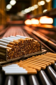 Cigarettes moving along manufacturing assembly line, vertical