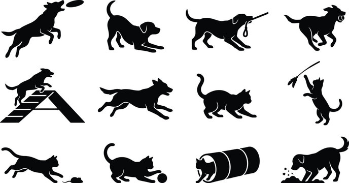 Set of black silhouettes showing dogs and cats playing games and doing agility exercises